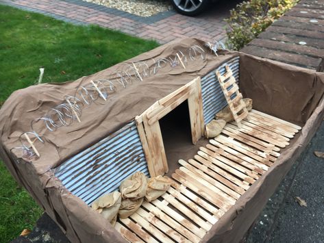 WW1 trench model #ww1 #ks2 #fraser #schoolproject Ww1 Shoebox Trench, Ww1 Trenches Project, Ww1 School Project Ideas, Trench Project Ww1, Ww1 Trench Diorama, Trench Warfare Project Ideas, Trenches Ww1 Model, Ww1 Trench Shoe Box Model Project, Ww2 Project Ideas