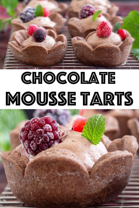 tarts on a wire rack and one up close Chocolate Mousse Tarts, Mini Chocolate Desserts, Mini Tart Recipes, Chocolate Mousse Pie, Chocolate Deserts, Chocolate Crust, Tart Dessert, Ww Desserts, Mini Tart