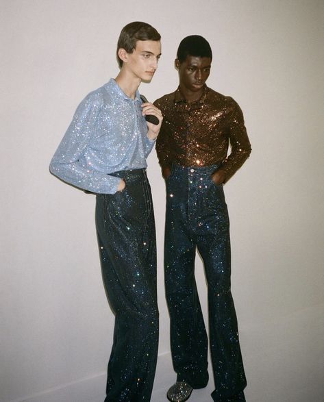 Men Glitz And Glam Outfit, Metallic Men Outfit, Sequin Outfit Men, Men’s Disco Party Outfit, Rhinestone Outfit Men, Glitter Men Outfit, Ethereal Aesthetic Men, Studio 54 Mens Fashion, Nye Mens Outfit