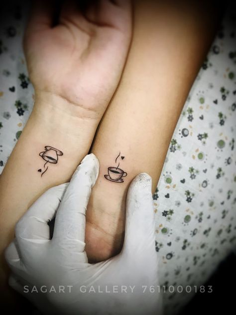 Coffee Matching Tattoo, Tea Leaves Tattoo, Tea Tattoo Ideas, Cup Of Tea Tattoo, Friends Tattoos, Coffee Cup Tattoo, Pair Tattoos, Tea Tattoo, Tattoo Cafe