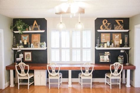 10 Homeschool Desk Ideas to Inspire Your Remote Learning Space | The Blinds.com Blog Long Desk Along Wall, Classy Desk, Homeschool Room Design, Study Window, Homeschool Space, Classroom Homeschool, Long Desk, Homeschool Room, Homeschool Math