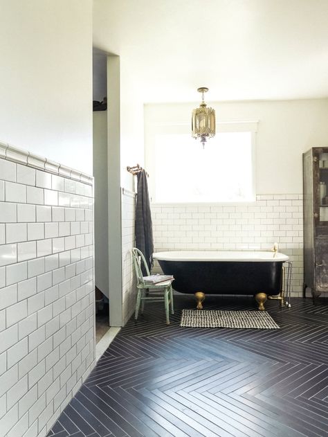 This Eclectic Home Tour Will Make You Want to Up Your Decorating Game Herringbone Tile Floor Bathroom, Herringbone Bathroom Floor, Tile Floor Bathroom, Herringbone Tile Floor, Herringbone Bathroom, Herringbone Tile Bathroom, Herringbone Tile Floors, Style Me Pretty Living, Pretty Bathrooms