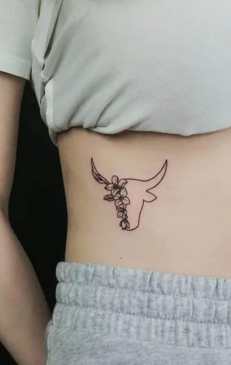 Bull Skull Tattoo Women Simple, Bull Skull Outline Tattoo, Cute Dainty Western Tattoos, Flower Bull Tattoos, Long Horn Tattoo For Women Simple, Small Bull Skull Tattoo For Women, Dainty Taurus Tattoo For Women, Southern Inspired Tattoos, Minimalist Bull Tattoo