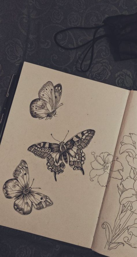 Pencil Sketches Of Butterflies, Butterfly Pen Art, Butterfly Sketch Ideas, Cool Art Sketches Creative, Sketches Ideas Creative Inspiration, Butterfly Pen Drawing, Cool Sketch Ideas Creativity, Fine Pen Art, Fun Sketchbook Ideas