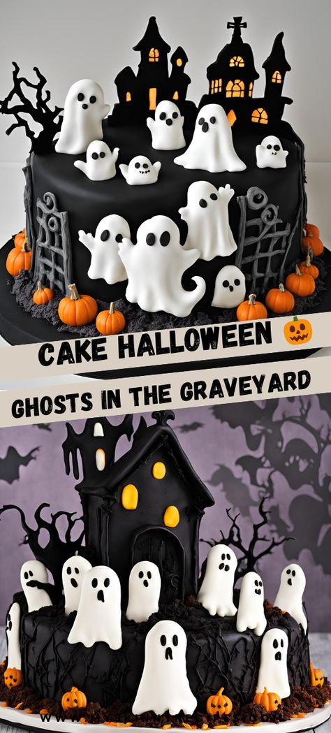 Spook up your Halloween with this Ghosts in the Graveyard Cake! 🎃👻 Rich chocolate cake topped with whimsical ghost and gravestone decorations, perfect for any Halloween party. #HalloweenCake #GhostsInTheGraveyard #SpookyDesserts #myskinnyrecipes Grave Yard Cake, Ghost Shaped Cake, Ghost Halloween Cake, Graveyard Cake Birthday, Ghost In Graveyard Dessert, Chocolate Graveyard Cake, Graveyard Cake, Milano Cookies, Silk Pie