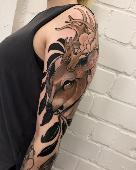 Natur Tattoo Arm, Fake Skin Tattoo, Fenrir Tattoo, Germany Tattoo, Neotraditional Tattoo, Insect Tattoo, Deer Tattoo, Buck Deer, Thigh Tattoos Women