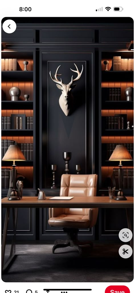 Office With Cabinets, English Home Office, Beautiful Home Library, Home Office Dark, Office Room Design, Industrial Home Offices, Modern Office Interiors, Office Interior Design Modern, Black Interior Design