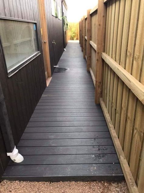 Decking. Side alleyway. House Alleyway Ideas, Side Walkway, Side Garden, Side Yard, Shed Design, Composite Decking, Outdoor Living Areas, Back Garden, Future House