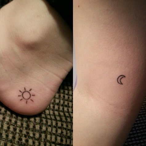 Best friend stick and poke tattoos. Sun and moon, hand poked. Placements: foot (heel) and inner arm. Stick And Poke Tattoo Best Friends, Simple Matching Stick And Poke Tattoo, Stick And Poke Tattoo Sun And Moon, Easy Matching Stick And Poke Tattoo, Sun Stick N Poke, Sun And Moon Stick And Poke, Stick And Poke Matching Tattoos, Friend Stick And Poke Tattoos, Stick And Poke Tattoo Moon