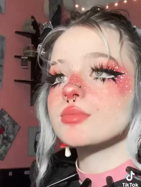 Pink Makeup Looks Alternative, Alt Easter Makeup, Blush Across Nose Makeup, Pastel Grunge Makeup, Pink Alt Makeup Looks, Blush Nose Makeup Look, Pink Nose Makeup, Pink Egirl Make Up, Anime Blush Makeup