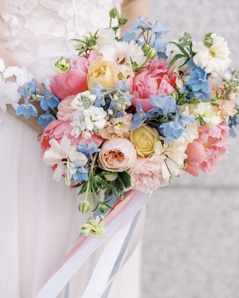 Pink Blue Yellow Flower Arrangements, Pastel Flowers For Wedding, Pastel Peony Bouquet, Summer Bouquet Flowers Wedding, Yellow Pink Blue Flower Arrangement, Bright Pastel Wedding Flowers, Blue Yellow Pink Wedding Bouquet, Pink Blue Yellow Bouquet, Pink Peach Blue Wedding Flowers