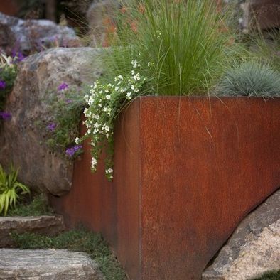 Steel Retaining Wall, Corten Steel Planters, Modern Landscape Design, Steel Planters, Walled Garden, Planter Design, Metal Planters, Native Garden, Garden Features