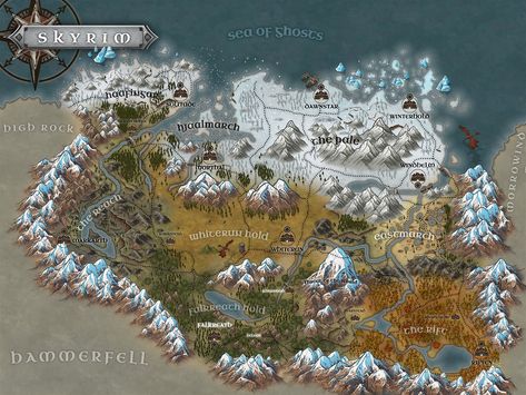 Well, I was gonna have to do this one eventually... May I present part 7 of the province map series: The Iconic land of Skyrim! : ElderScrolls Elder Scrolls Map, Skyrim Map, Dnd Druid, Elder Scrolls Games, Elder Scrolls Art, Fantasy World Map, Elder Scrolls Skyrim, Amazing Maps, Writing Fantasy