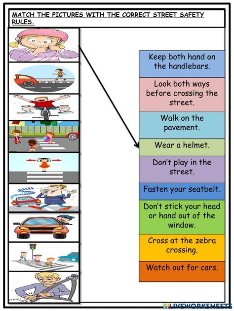 Road safety online activity for 4. You can do the exercises online or download the worksheet as pdf. Street Safety Worksheets, Road Safety Worksheet, Road Safety Activities Preschool, Road Safety Activities, Pedestrian Safety Activities, Safety Rules At School, Evs Worksheet, Safety Worksheets, Road Safety Signs