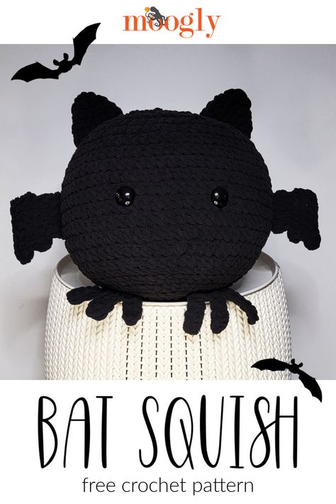 The Bat Squish is a little spooky, but cuddly, and very squishy, free crochet pattern on Moogly! Featuring Bernat Blanket, this pattern will scare you with just how frightfully cute it is! #CALCentralCrochet via @moogly Easy Crochet Squishmallow, Crochet Squish Pattern Free, Bat Plushie Crochet Pattern Free, Blanket Yarn Plushies, Crochet Bat Pillow, Crochet Bat Blanket, Free Crochet Squishmallow Pattern, Crochet Squishmallow Pattern, Squish Crochet Pattern