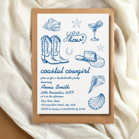 Coastal Cowgirl Blue Hand Written Bachelorette Invitation Coastal Cowgirl Theme, Bachelorette Activity Ideas, Coastal Cowgirl Birthday, Coastal Cowgirl Party, Coastal Cowgirl Bachelorette, Country Birthday Party, Cowboy Lifestyle, Classic Cowgirl, Costal Cowgirl