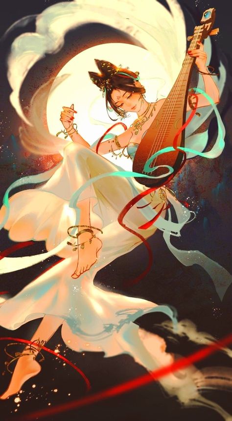 Apsara Drawing, Liyue Oc, Evening View, Chinese Illustration, Chinese Mythology, Asian Painting, East Asian, China Art, Ethereal Art