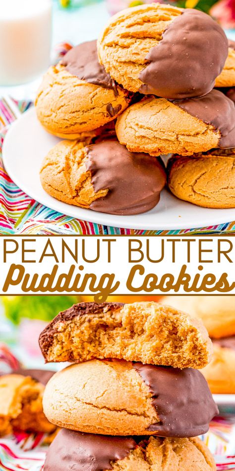 Peanut Butter Pudding Cookies - These chocolate-dipped peanut butter pudding cookies are SOFT AND CHEWY on the inside thanks to the addition of pudding mix in the cookie dough! Dipping them in dark chocolate makes for the PERFECT flavor combo!! Peanut Butter Pudding Cookies, Peanut Butter Pudding, Pudding Cookies Recipes, Cupcake Ice Cream, Baking Therapy, Cookies Jar, Butter Pudding, Averie Cooks, Chewy Peanut Butter Cookies