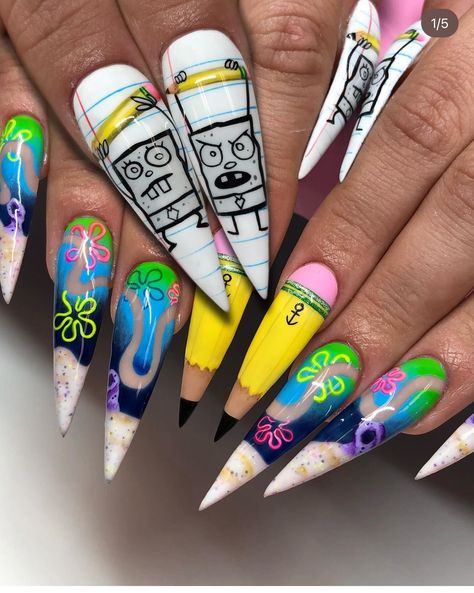 Spongebob Nail Art, Spongebob Nails, Cartoon Nail Designs, Blush Pink Nails, 3d Nail Art Designs, Long Press On Nails, Crazy Nail Art, Art Deco Nails, Simple Gel Nails