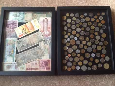 Shadow Boxes with money we have collected in our travels around the world.  Using them to decorate a travel themed office. Travel Office Decor Ideas, Travel Theme Desk, Office Travel Decor, Travel Theme Office, Travel Currency Display, Travel Office Interior Ideas, Map Shadow Box Ideas, Travel Inspired Bedroom, Shadow Box Travel Memories