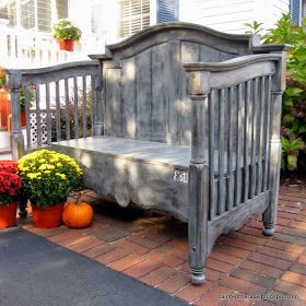 DIY:  How to Build a Bench From a Crib - this post shows how a repurposed crib was made over + paint colors and the steps taken to get this awesome paint finish!!!  Via Painted Therapy Wooden Bench, New Life, Cribs, Bench, Patio, Plants, Furniture, Patios, Cots