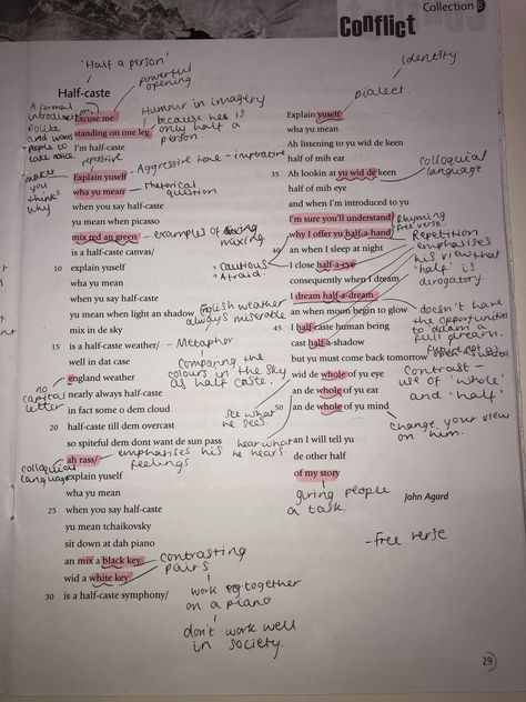 Half Caste- GCSE Power and Conflict poem annotation Half Caste Poem Analysis, Poem Annotation, English Literature Poems, Literature Poems, Gcse Poems, English Gcse, English Revision, Literature Notes, English Literature Notes