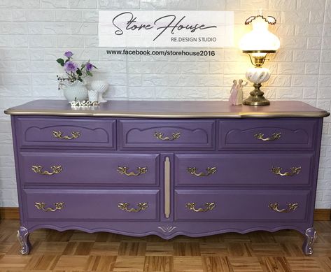 Beautifully refinished French Provincial Dresser Painted in a custom purple colour with metallic gold accents. Purple Dressers Painted, Coffee Bar Makeover, Dresser Colors, Purple Dresser, Bar Makeover, Provincial Bedroom, French Provincial Bedroom, Thrift Store Flips, Purple Furniture