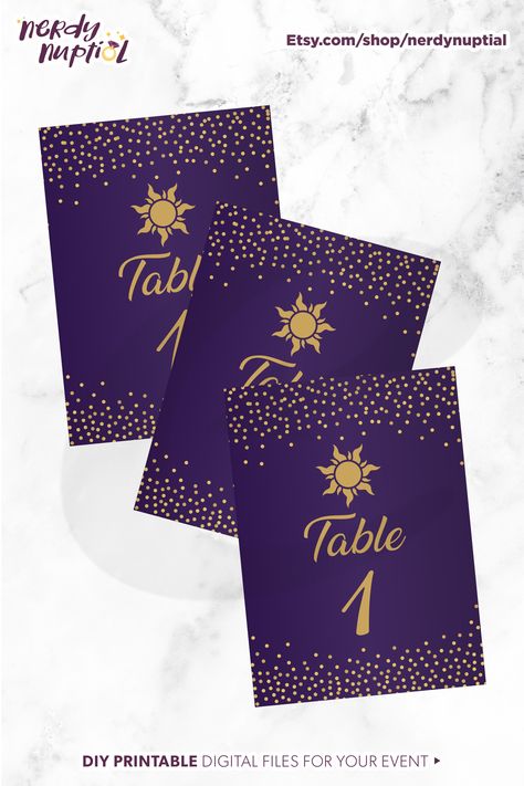 Instant download table cards in our shop, link in bio.    #weddingidea #diywedding #nerdynuptial #weddingplanning ##weddinginspo #weddingdetails #budgetbride #weddinggoals #weddingideas #weddingplanner #weddingtips #weddinginvitations #proweddinginvites #weddinginvite #weddinginviteideas #weddinginvitedesign #weddinginvitesforyou #weddinginvitesupplier #weddinginviteinspiration #2024wedding #2024weddinginvitations #tangled #princesswedding #rapunzel #disneyadult Tangled Table Number, Tangled Formal Theme, Tangled Themed Sweet 16, Rapunzel Themed Wedding, Tangled Hoco, Tangled Wedding Theme, Tangled Themed Wedding, Rapunzel Quinceanera, Tangled Prom