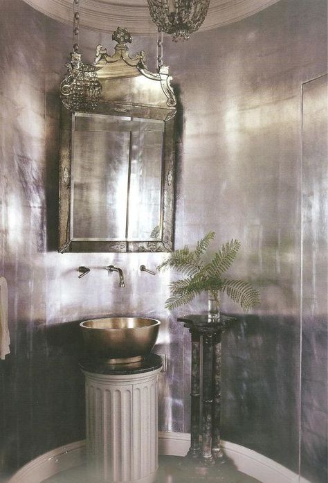 Metallic Silver Bathroom, South Shore Decorating, Silver Wallpaper, Silver Walls, Mirror On The Wall, Silver Paper, Wall Finishes, Bath Room, Venetian Mirrors