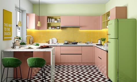 Bright Colourful Kitchen Ideas, Yellow Pink Kitchen, Bright Kitchen Colors Schemes, Pink And Yellow Kitchen, Yellow Kitchen Cupboards, Yellow Backsplash, Bright Kitchen Colors, Kitchen Upcycle, Kitchen Cabinet Lighting