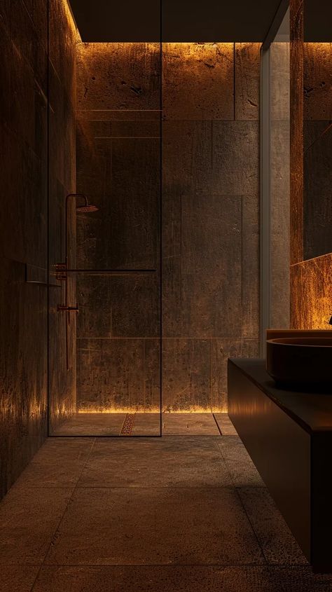 Dark Shower Aesthetic, Dark Modern Bathroom, Dark Brown Bathroom, Bathroom Tile Design Ideas, Tile Design Ideas, Dark Wood Bathroom, Dallas House, Industrial Style Bathroom, Dark Bathrooms