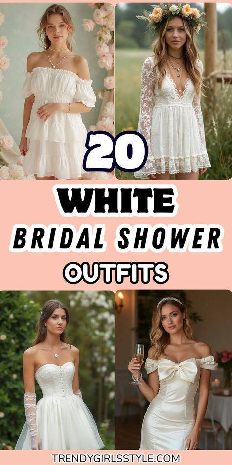 20+ white bridal shower outfit ideas that perfectly blend elegance and trend! From chic mini dresses to romantic lace gowns, find the style that makes you feel amazing on your special day. #bridalshower #bridaloutfits #whitedresses Bride Outfit For Bridal Shower Style, Bridal Shower Ideas Outfits, White Bridal Shower Outfit, Bridal Shower Outfit For Bride, Bridal Shower Outfit Ideas, Bridal Shower Outfits, Shower Dress For Bride, Shower Style, White Bridal Shower