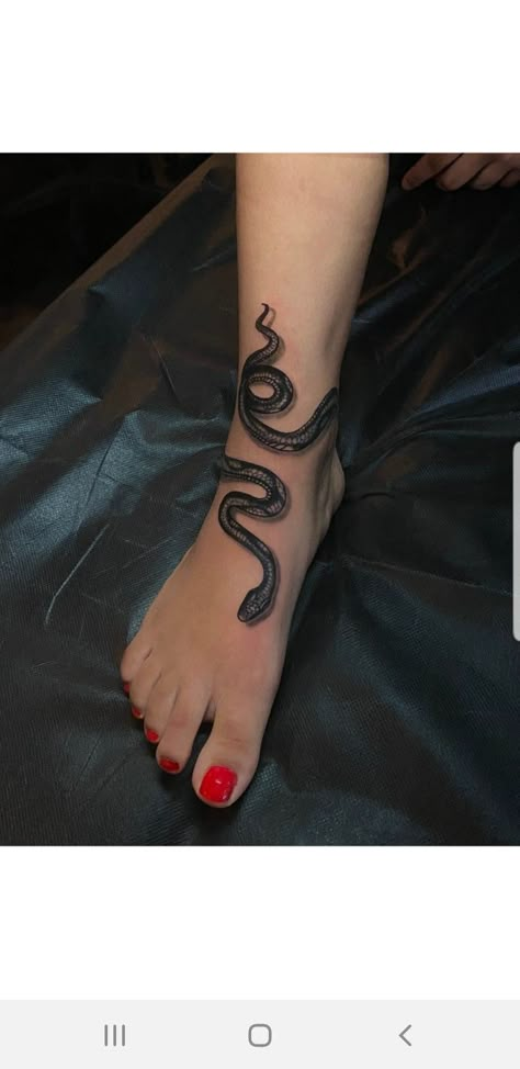 Realism tattoos  IG: @itz_chazzy_chaz Snake Tattoos Around Ankle, Snake Wrap Around Ankle Tattoo, Snake On Feet Tattoo, Snake Tattoos Realism, Snake Feet Tattoo, Snake Foot Tattoos For Women, Snake Cuff Tattoo, Leg Snake Tattoos Women, Snake Tattoo Red Ink