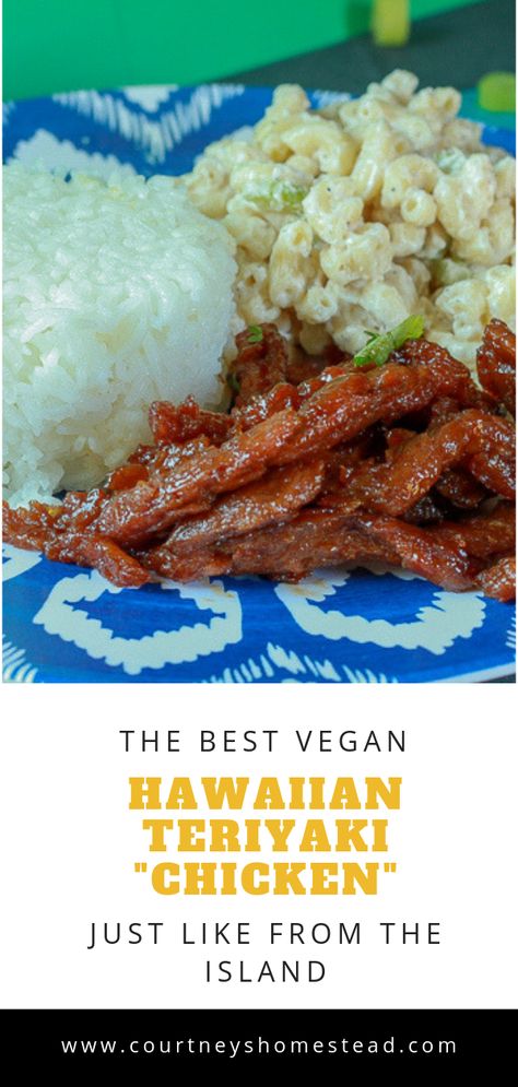 This easy Vegan Hawaiian Teriyaki "chicken" tastes like it's straight from the Island. It is perfect for a plated lunch. Hawaiian Teriyaki Chicken, Soy Curls Recipes, Mac Salad Recipe, Sweet Teriyaki Sauce, Teriyaki Chicken Recipe, Teriyaki Recipe, Vegan Summer Recipes, Chicken Teriyaki Recipe, Vegan Chicken