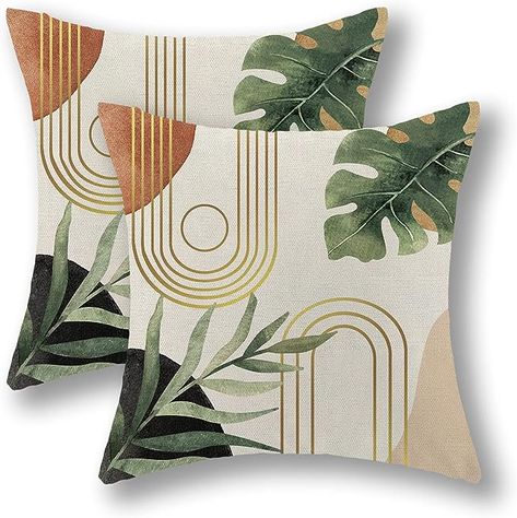 GIOPAMGO Boho Pillow Covers 18x18 Set of 2, Green Leaf Mid Century Farmhouse Decorations Throw Pillow Covers Modern Tropical Bohemian Outdoor Decorative Linen Cushion Case for Couch Sofa Home Boho Pillow Covers, Mid Century Farmhouse, Tropical Bohemian, Farmhouse Decorations, Century Farmhouse, Bohemian Outdoor, Tropical Home Decor, Modern Tropical, Abstract Throw Pillow