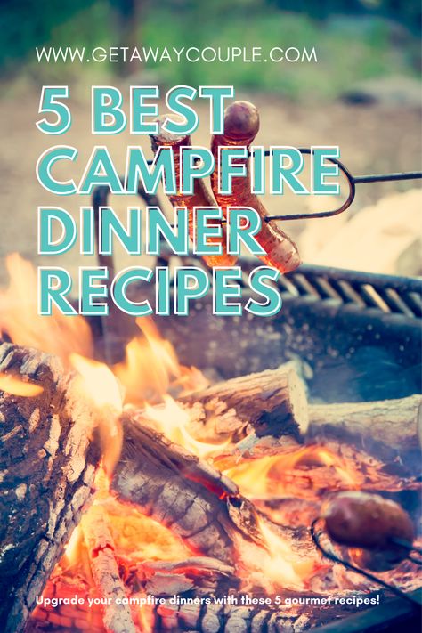 If your typical campfire dinner is a charred hot dog cooked on a stick over flames, we have good news–it doesn’t have to be that way! Check out these 5 gourmet camping dinners! 5 Best Campfire Dinner Recipes Cooking On A Campfire, Fire Pit Dinner, Fire Dinner Ideas, Cook Over Fire Pit Recipes, Fire Pit Food Ideas On A Stick, Cooking Over Fire Pit Campfire Recipes, Fire Pit Meals, Gourmet Camping Meals, Campfire Meals Fire Pits