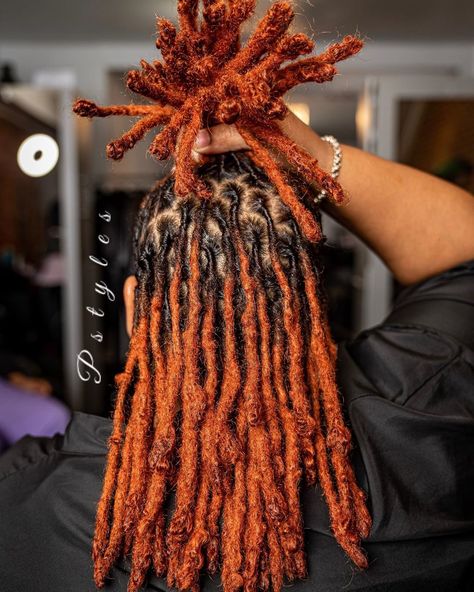 DMV Pro. Loctician Pstyles on Instagram: “Healthy colored locs by me @pstyles3 and @blacthunda . I started these locs two years ago. To achieve this color we did have to use bleach,…” Burnt Orange Hair Color, Color Locs, Dyed Dreads, Colored Locs, Loc Goals, Colored Dreads, Dreads Styles For Women, Dread Head, Beautiful Locs