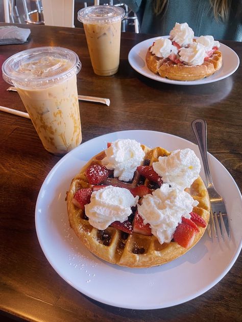 Waffle strawberry whipped cream chocolate chips coffee Restaurant Aesthetic, North Carolina Travel, New Restaurant, Coffee Aesthetic, Yummy Eats, Reading Room, Local Restaurant, Waffles, Restaurant