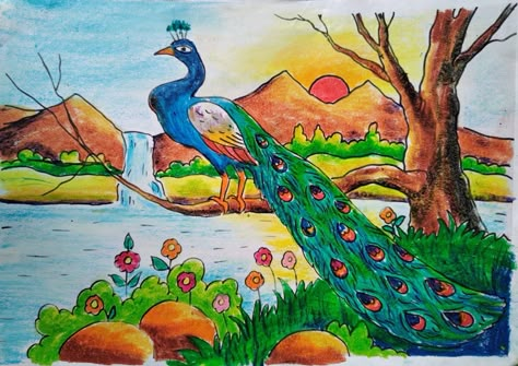 Animal Scenery Drawing, Pastel Colour Drawing, Nature Drawing Pictures, Oil Pastel Scenery, Intermediate Drawing, Pastel Scenery, Cartoon Drawing For Kids, Village Scene Drawing, Watercolor Negative Painting