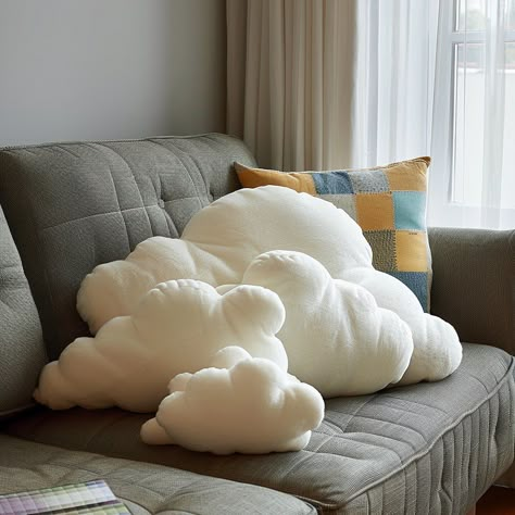 Introducing our Cloud-Shaped Cushion: Sink into the softness of a heavenly cloud with our plush, cloud-shaped cushion. Perfect for lounging or adding a touch of whimsy to your decor, it’s a cozy companion for relaxation. Conceptual AI Art Follow @ecosapiens for more! Cloud Chair Aesthetic, Cloud Furniture, Diy Cloud Pillow, Cloud Stuffed Animal, Cloud Chair, Small Bedroom Style, Cloud Pillows, Cute Pillows Cloud, Cloud Decor