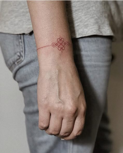 Chinese Knot Tattoo, Spiral Tattoos, Wrap Around Tattoo, Ankle Bracelet Tattoo, Knot Tattoo, Hand Poked Tattoo, Red Tattoos, Tattoo Bracelet, Cool Small Tattoos