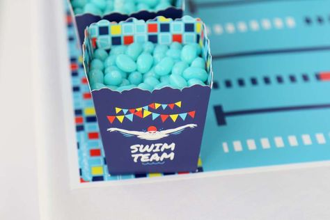 Making Waves Swim Team Party | CatchMyParty.com Swim Team Party, Swim Banquet, Candy Treat Box, Swimmer Girl Problems, Banquet Ideas, Corkboard Ideas Decor, Swimming Party, Birthday Party Treats, Swimming Quotes