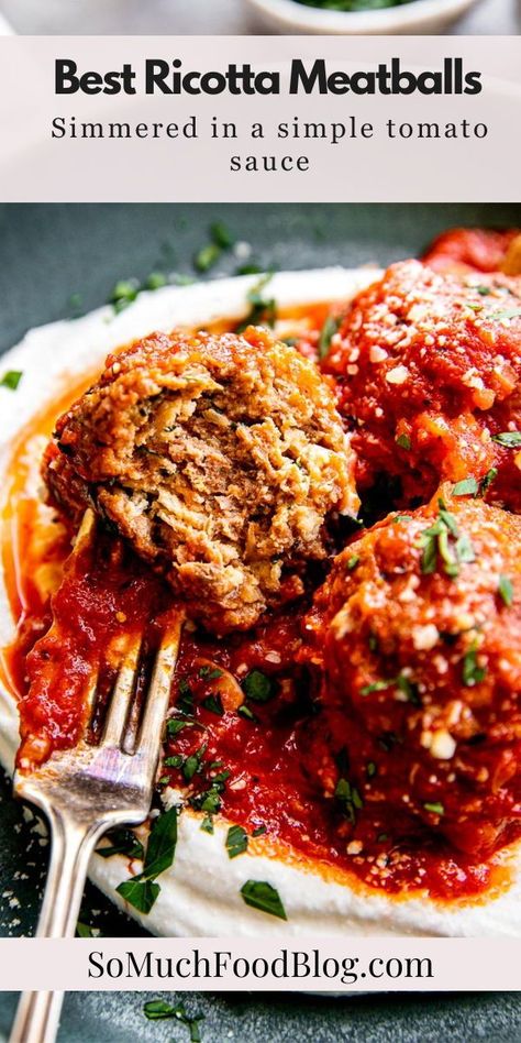 These Italian Ricotta Meatballs may just be the best meatballs you ever make! They’re perfectly tender and packed with fresh flavors like garlic and basil, served in a simple tomato sauce. Meatball Recipes With Ricotta Cheese, Italian Meatball Recipes Ground Beef, Ricotta Meatball Recipes, Ricotta And Meatball Recipes, Ricotta Balls In Tomato Sauce, Spaghetti And Meatball Recipes, Italian Meatball Recipes, Tomatoe Sauce Meatballs, Fettuccine Sauce