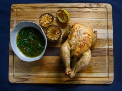 Salt and Pepper Roast Chicken with Lemon Dressing Recipe | Rachael Ray | Food Network Chicken With Lemon, Jacque Pepin, Citrus Chicken, Stuffed Whole Chicken, Organic Chicken, Herb Butter, Big Meals, Rachael Ray, Roast Chicken