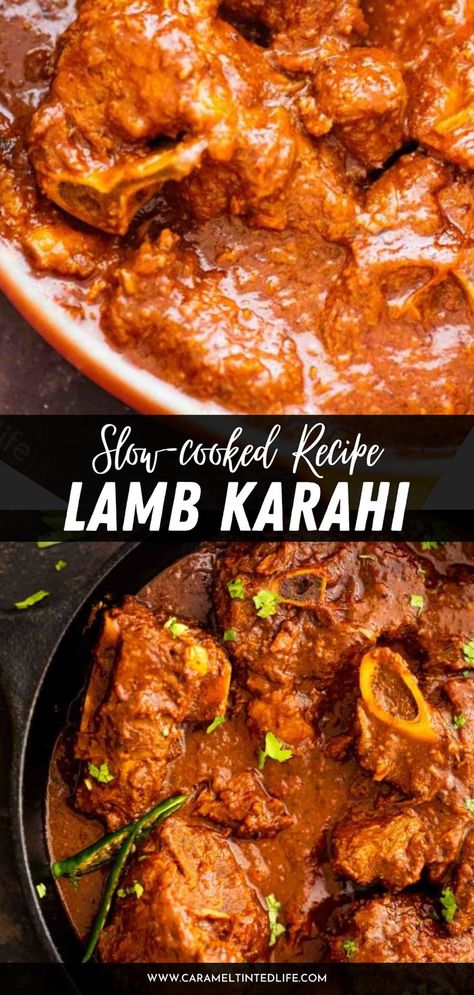 Karahi Gosht is a decadent and rich curry made with either lamb or mutton on the bone, slow-cooked in a thick gravy. Both Mutton Karahi and Lamb Karahi can be made following this authentic restaurant-style recipe. Lamb Karahi, Mutton Karahi, Lamb Curry Recipes, Lamb Stew Recipes, Karahi Recipe, Gosht Recipe, Stew Meat Recipes, Mutton Recipes, Slow Cooked Lamb