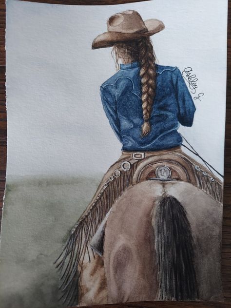 Cowgirl Riding Horse Drawing, Cowgirl On Horse Drawing, Horse Artwork Equine Art, Cowgirl And Horse Drawing, Rodeo Paintings Easy, Western Horse Painting, Blonde Cowgirl Art, Country Things To Paint, Western Horse Drawing