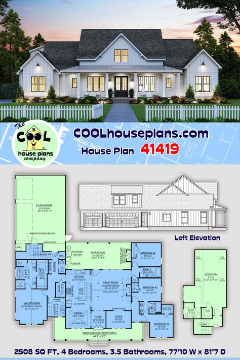 House Plan 41419 - Farmhouse Style with 2508 Sq Ft, 4 Bed, 3 Bath, 1 Half Bath | COOLhouseplans.com Farm Style House, House Plans Ideas, Covered Porches, Garage House Plans, Casas The Sims 4, Bedroom Farmhouse, Farmhouse Style House Plans, Kitchen Outdoor, Farmhouse House