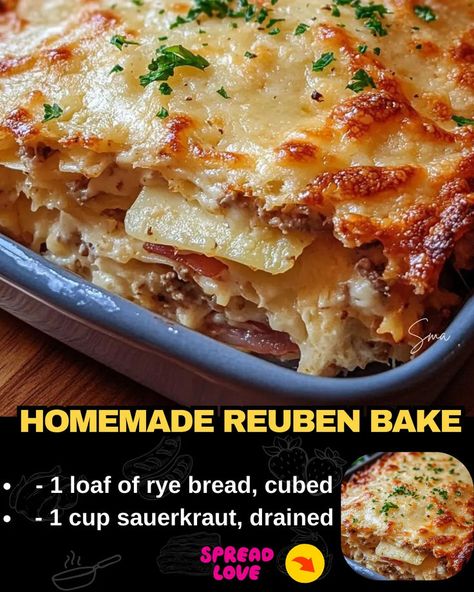 Homemade Reuben Bake Reuben Bake Recipe, Reuben Bake, Beef Tips And Noodles, Reuben Casserole, Baked Meatloaf, Mexican Casserole Recipe, Chicken Parmesan Pasta, Reuben Sandwich, Chicken Pasta Bake