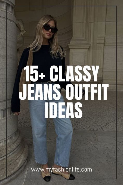 Think jeans can't be classy? Here's 13 game changing tips for looking classy in jeans! These insider tips and classy jeans outfit ideas will help you put together an elegant jeans outfit! [ how to look classy in jeans | classy jean outfit ideas | how to look elegant in jeans | classy jeans look | classy jeans and heels outfit ] Dress Up Your Jeans Outfit Ideas, Dressy Casual Outfits Jeans, Tan Sweater And Jeans Outfit, Jeans And Block Heels Outfit, White Silk Shirt Outfit Jeans, Dressing Up Jeans For Night Out Classy, How To Dress Up Denim Jeans, Timeless Jeans Outfit, Semi Formal With Jeans