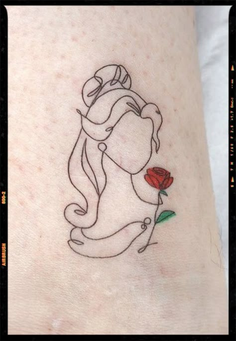 Princess Tattoo Minimalist, Disney Princess Silhouette Tattoo, Fine Line Beauty And The Beast Tattoo, Disney Princess Tattoo Ideas Sleeve, Belle Rose Tattoo, Belle Tattoo Disney, Disney Fine Line Tattoo, Small Disney Tattoo, Disney Minimalist Tattoo